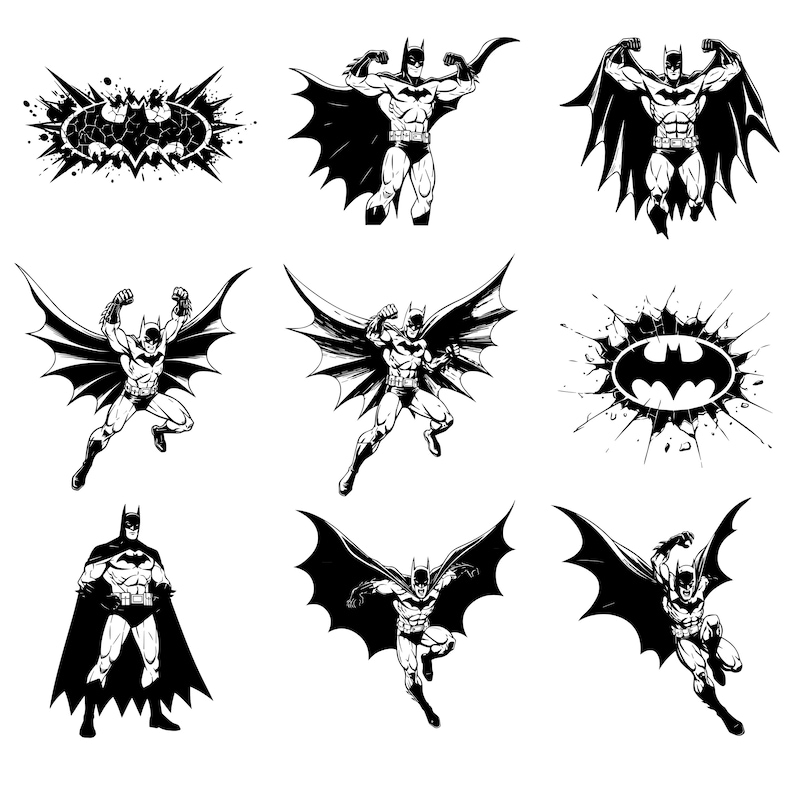 K&ouml;nnte beinhalten: Ein Set aus neun Schwarzwei&szlig;illustrationen, die Batman in verschiedenen Posen zeigen. Die Illustrationen zeigen Batman beim Fliegen, Stehen und mit ausgebreiteter Kappe. Die Illustrationen eignen sich perfekt f&uuml;r den Einsatz in einer Vielzahl von Projekten, wie z. B. T-Shirts, Poster und Aufkleber.