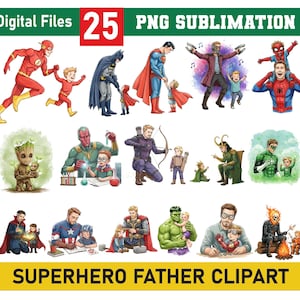 Clipart di padri eroi, Clipart di padri e figli eroi, Pacchetto PNG di supereroi e figli, Regali per papà e figli con eroe acquerello