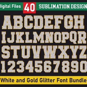 Gold and White Glitter Alphabet Png, Gold Glitter Letters And Numbers Png Bundle, Gold glitter alphabet, Varsity Letters A - Z