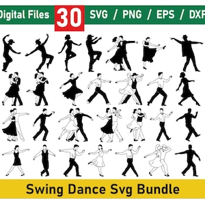 Puede incluir: Un paquete SVG digital con 30 ilustraciones de baile swing en blanco y negro. La parte superior de la imagen tiene el texto "Digital Files 30 SVG / PNG / EPS / DXF". La parte inferior de la imagen tiene el texto "Swing Dance Svg Bundle".