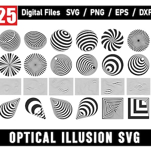 Puede incluir: Una colección de 25 diseños digitales de ilusión óptica en blanco y negro. Los diseños incluyen esferas, círculos y cuadrados con patrones de rayas. El texto en la parte superior dice "Digital Files SVG / PNG / EPS / DXF" y en la parte inferior "OPTICAL ILLUSION SVG".