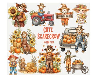 30 imágenes prediseñadas de espantapájaros, imágenes prediseñadas de otoño, paquete de imágenes prediseñadas para niños, otoño, imágenes prediseñadas de espantapájaros para niñas, imágenes prediseñadas de otoño - Ilustración de espantapájaros