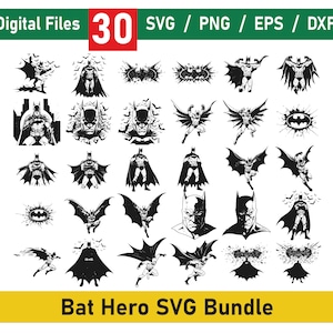 Pakiet Bat Svg, Superhero SVG, Plik do cięcia Superhero, Superhero png, Sylwetka superbohatera, Grafika wektorowa do druku, Bat Superhero SVG