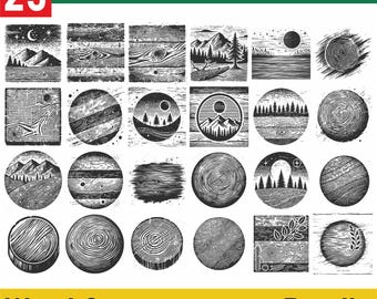 May include: A set of 25 black and white wood grain and tree ring textures. The textures are in a variety of shapes and sizes, including circles, squares, and rectangles. The textures are perfect for use in digital design projects, such as creating backgrounds, patterns, and textures.
