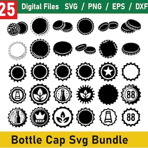 May include: A set of 25 black and white bottle cap SVG designs. The designs include various shapes, including circles, stars, and crowns. The designs also include various text, including "BEEP" and "88".