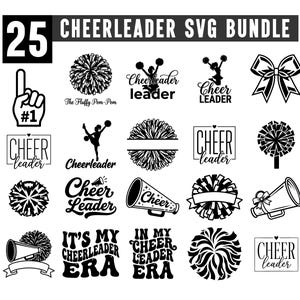 Puede incluir: Un paquete SVG en blanco y negro con 25 diseños de animadoras. Incluye pompones, megáfonos, lazos y texto como "Cheerleader" e "It's My Cheerleader Era". Adecuado para diversos proyectos de manualidades.