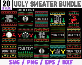 May include: A set of 20 ugly Christmas sweater designs featuring various patterns, colors, and text. The designs include reindeer, snowflakes, and Christmas trees. The text includes "Your Text Here" and "AAA". The designs are available in SVG, PNG, EPS, and DXF formats.