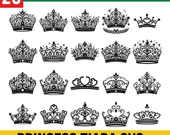 May include: Set of 20 black and white princess tiara SVG cut files. The tiaras are ornate and detailed with intricate designs.