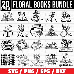 Può includere: Un set di 20 illustrazioni di libri floreali in bianco e nero. Le illustrazioni presentano libri con fiori, tazze di caffè e testo come "Book Lover", "Books & Coffee", "Addicted to Love Stories", "Just One More Chapter", e "Bookaholic".