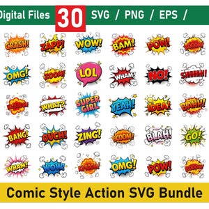 Comic-Stil Action-Svg-Bundle|, Kunst svg, Comic-Buch Clipart, Comic-Karikatur-Stil, Geburtstags-Bundle, Comic Ballonblase, Comic-Stil png