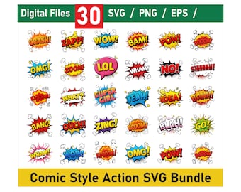 May include: A set of 30 comic book style action word bubbles in various colors and designs. The words include "CRASH!" "ZAP!" "WOW!" "BAM!" "POW!" "OMG!" "ZOOM!" "LOL!" "WHAM!" "NO!" "SHHH!" "VABOOM!" "WHAT?" "SUPER GIRL" "YEAH!" "IDEA!" "BAHH!" "BANG!" "OUCH!" "ZING!" "BCOOM!" "BLAH!" "GO!" "WHAM!" "WOW!" "VABOOM!" "OMG!" "POW!" "BOOOOM!"