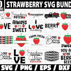 May include: A set of 20 digital designs featuring strawberries and related phrases. The designs include "Strawberry Patch", "Love Berry", "Farm Fresh Strawberries", "One Berry Cool Dude", "Strawberry Festival", and "You Are The Berry Best".