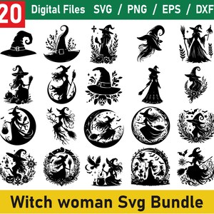 May include: A set of 20 black and white silhouette SVG cut files featuring witches in various poses. The text "Witch woman Svg Bundle" is at the bottom of the image.