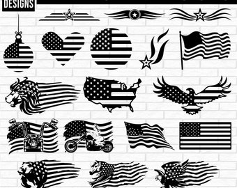 May include: 20 American flag SVG designs in black and white. The designs include a heart, a circle, a lion, a motorcycle, an eagle, and a map of the United States.