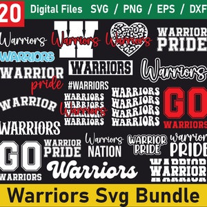 May include: A set of 20 digital files for crafting and design. The files feature the word "Warriors" in various styles and colors, including red, white, and black. The text "Warrior Pride" and "Go Warriors" are also included. The files are in SVG, PNG, EPS, and DXF formats.