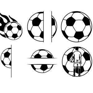 Peut inclure: Plusieurs mod&egrave;les de ballons de football en noir et blanc. L'un est en feu, un autre est coup&eacute; en deux, et un troisi&egrave;me montre un joueur avec un ballon. Parfait pour les projets sportifs.
