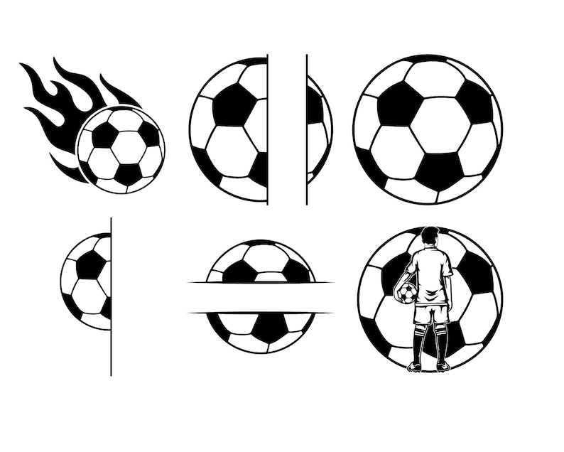 Peut inclure: Plusieurs mod&egrave;les de ballons de football en noir et blanc. L'un est en feu, un autre est coup&eacute; en deux, et un troisi&egrave;me montre un joueur avec un ballon. Parfait pour les projets sportifs.