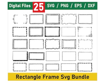 May include: A set of 25 black and white rectangle frame SVGs. The frames are hand-drawn and have different styles. The text "Digital Files" and "25" are in green and red boxes at the top of the image. The text "SVG / PNG / EPS / DXF" is in a green box to the right of the number 25. The text "Rectangle Frame Svg Bundle" is in a yellow box at the bottom of the image.