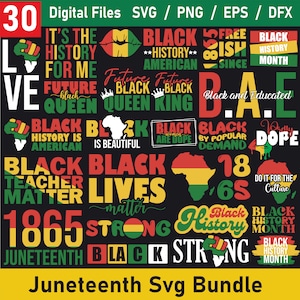 May include: A collection of 30 digital files for creating designs related to Juneteenth. The designs feature text in black, red, and yellow, with phrases like "Black History", "Black Lives Matter", and "Juneteenth".