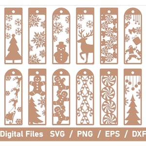 Può includere: Una collezione di segnalibri marroni a tema natalizio con vari disegni ritagliati. I disegni includono fiocchi di neve, un albero di Natale, un pupazzo di neve, una renna, bastoncini di zucchero, omini di pan di zenzero e una figura di Babbo Natale. Il testo "Digital Files SVG / PNG / EPS / DXF" è in basso.