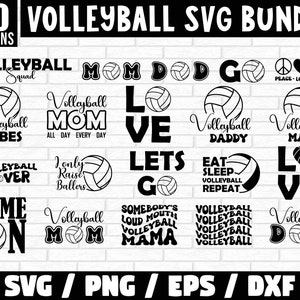 May include: A set of 20 black and white SVG designs featuring volleyball-themed phrases and images. The designs include phrases like "Volleyball Mom", "Volleyball Vibes", "Game On", and "Let's Go".