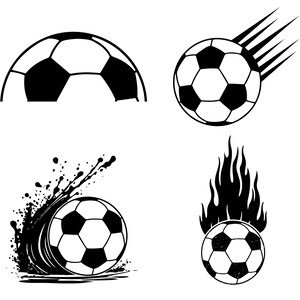 Peut inclure: Illustrations de ballons de football en noir et blanc. L'une montre une vue partielle, une autre avec des lignes de vitesse, une troisi&egrave;me avec un effet d'&eacute;claboussure et la derni&egrave;re avec des flammes. Les ballons ont un design classique.