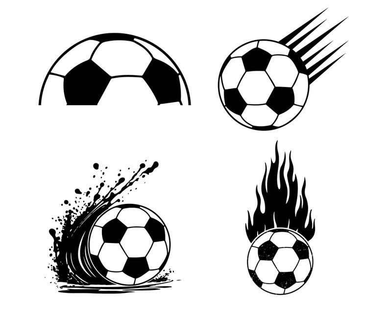 Peut inclure: Illustrations de ballons de football en noir et blanc. L'une montre une vue partielle, une autre avec des lignes de vitesse, une troisi&egrave;me avec un effet d'&eacute;claboussure et la derni&egrave;re avec des flammes. Les ballons ont un design classique.