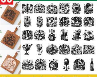 Tablas de charcutería navideñas Archivos Diseños de tablas de cortar Vectores de vino y queso para grabado láser SVG DXF PNG Descarga digital