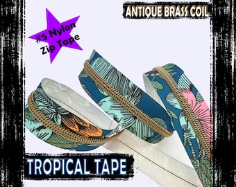 Blue Tropical Flower Print Zipper Tape-  #5 nylon zip, Antique Brass colour teeth