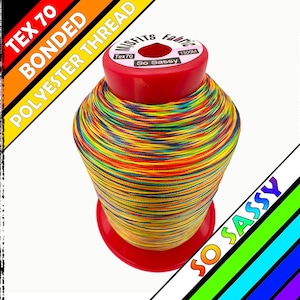 以下が含まれることがあります： 虹色のボンデッドポリエステル糸の糸巻き。"Tex 70 Bonded Polyester Thread"と"So Sassy"のラベルが付いており、長さは1200mです。