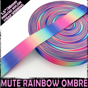 May include: A roll of 1.5 inch wide, rainbow ombre printed nylon strap webbing. The webbing is a muted rainbow colour with a swirl pattern.