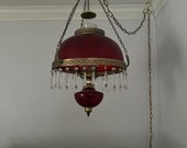 Vintage Victorian Hanging Library Oil Lamp Red Glass