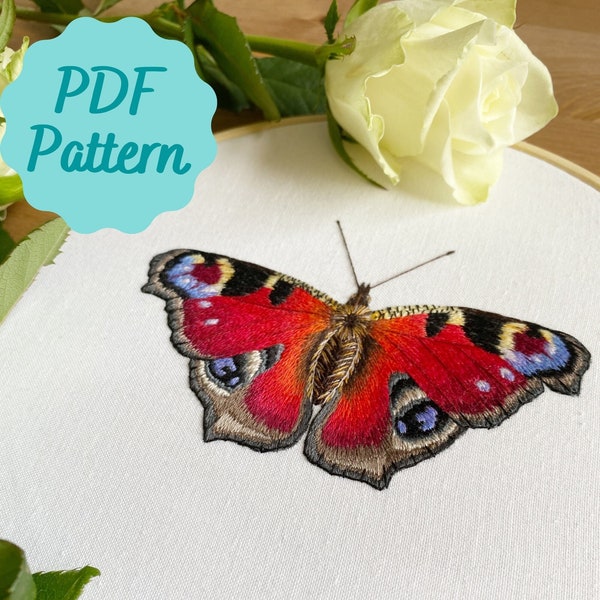 Peacock Butterfly Hand Embroidery Sewing Pattern | PDF Download | 24 Colours | Needle Painting Tutorial | Aglais Io Butterfly