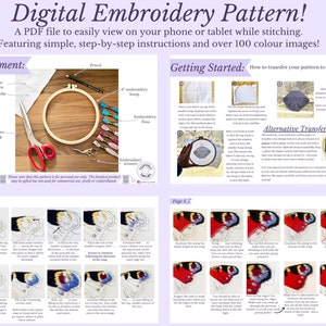May include: A digital embroidery pattern for a butterfly with red, white, and black wings. The pattern includes step-by-step instructions and over 100 color images. The pattern is for personal use only.