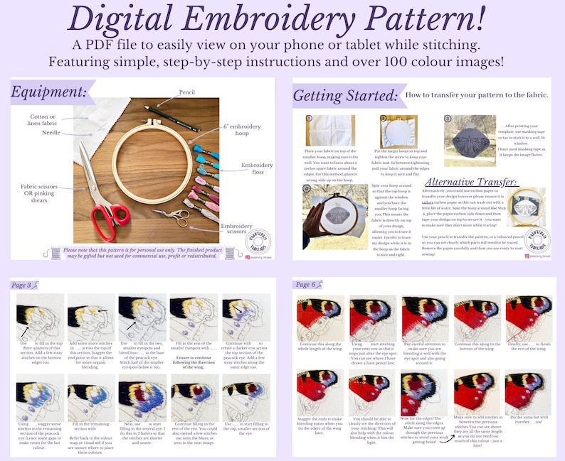 May include: A digital embroidery pattern for a butterfly with red, white, and black wings. The pattern includes step-by-step instructions and over 100 color images. The pattern is for personal use only.