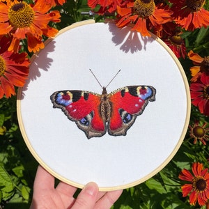 May include: Embroidered peacock butterfly on white fabric in a wooden embroidery hoop. The butterfly is red, brown, and blue.