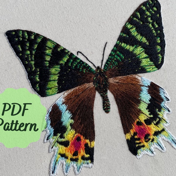 Madagascan Sunset Moth Embroidery Pattern - Recto | Thread Painting Tutorial | 25 Colours