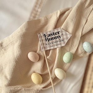 May include: An Easter scene with a sign reading "Easter Bunny PLEASE HOP HERE for Xavier." The sign is surrounded by speckled pastel eggs in pink, yellow, and green, set on a beige fabric. A charming seasonal display.