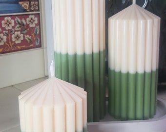 Ribbed Pillar Candles Hand Poured Eco Soy Wax, Coloured & Highly Fraganced. Set of 3