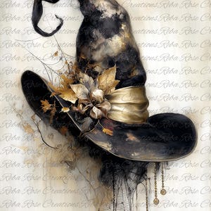 May include: A black pointed hat with a wide brim, featuring a metallic gold band, a decorative gold flower, and dangling gold charms. The hat is adorned with wispy, dark, and gold-toned foliage accents and a delicate spiderweb pattern at the base.
