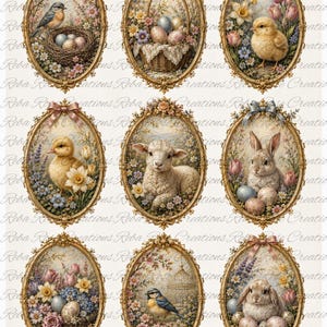 May include: Nine oval-shaped vintage-style prints with gold frames. Each print features a different spring or Easter theme, including birds, eggs, chicks, lambs, and bunnies, surrounded by flowers and foliage.