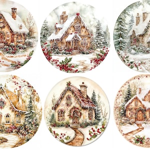 Christmas Cottage Rounds A4 rice paper 1305/A4 decoupage coaster paper Christmas Cottage