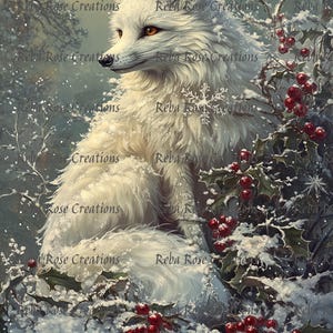 May include: A digital painting of a white arctic fox in a snowy winter scene. The fox has fluffy fur, amber eyes, and is surrounded by snow-covered branches with red berries. The artwork is signed "Reba Rose Creations".