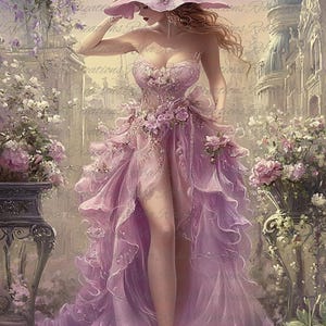 May include: A digital illustration of a woman in a flowing, lavender-colored gown and matching hat adorned with flowers. The dress features layered ruffles and floral embellishments, set against a blurred, romantic background.