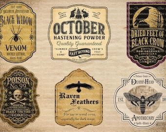 May include: A set of vintage apothecary labels with a Halloween theme. The labels feature illustrations of a spider, raven, skull, and moth, with text such as "Black Widow Venom" and "October Hastening Powder". The labels are in shades of brown, beige, and black.