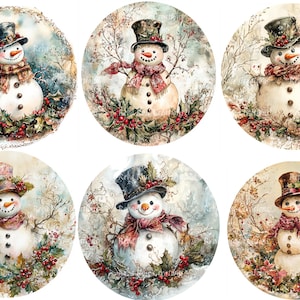 May include: Watercolor illustrations of snowmen in top hats and scarves, surrounded by winter foliage and berries. Each snowman has a carrot nose and button eyes, set against a soft, circular background.