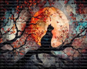 May include: An artwork in a stained-glass style depicting a black cat on a tree branch, looking up at a large, orange moon. The scene is surrounded by branches with autumnal leaves, creating a magical and captivating atmosphere.