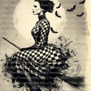 May include: Black and white illustration of a witch riding a broomstick, set against a full moon and bats. The witch wears a checkered dress and hat. The artwork has a vintage, sepia-toned aesthetic, perfect for Halloween decor.