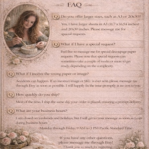 K&ouml;nnte beinhalten: Ein FAQ-Blatt im Vintage-Stil mit einer Frau in einem ovalen Rahmen, Text und floralen Akzenten. Der Text enth&auml;lt Fragen zu gr&ouml;&szlig;eren Gr&ouml;&szlig;en (A3 oder 50,8 x 76,2 cm), Sonderw&uuml;nschen, Versand und Gesch&auml;ftszeiten.