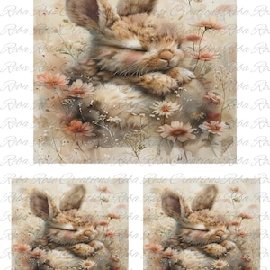 May include: Watercolor illustration of a sleeping bunny nestled among peach and white flowers. The bunny has soft brown fur and closed eyes, with a gentle blush on its cheeks. The artwork has a soft, dreamy aesthetic.